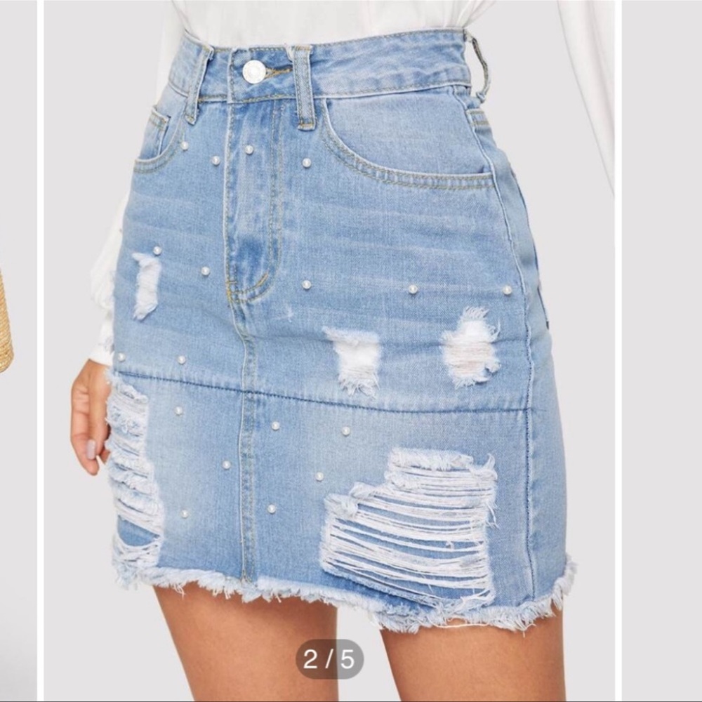 Pearl Beaded Bleach-Dye Ripped Raw Hem Skirt -Size Med